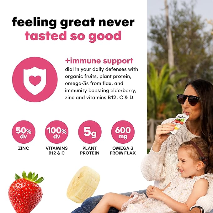 Noka Organic Superfood Fruit Smoothie Pouches, Strawberry Banana with Immune Support, Healthy Snacks with Elderberry, Vitamin C, Flax Seed and Plant Protein, Gluten Free, Vegan, 4.22 oz (12 Pack)