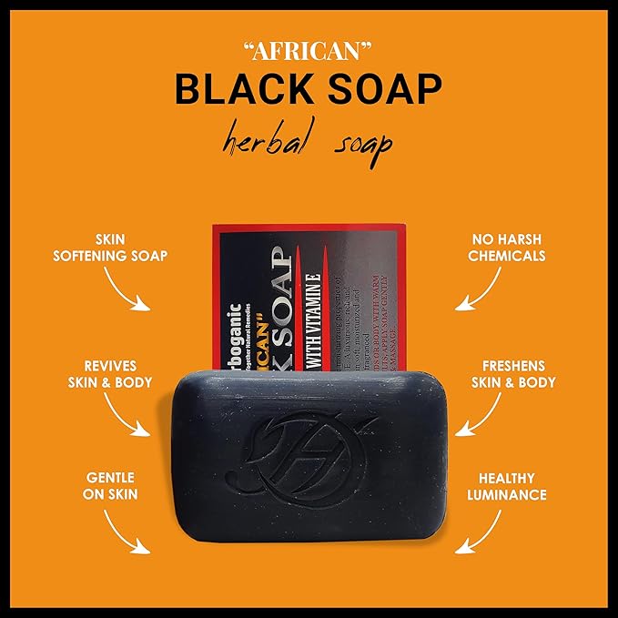 HERBOGANIC African black soap with cocoa butter and Vitamin E Herbal Soap | Pack of 6 of 5oz soap Bar | Ideal for Men and Women, Soothing and Nourishing Soap for Moisturization