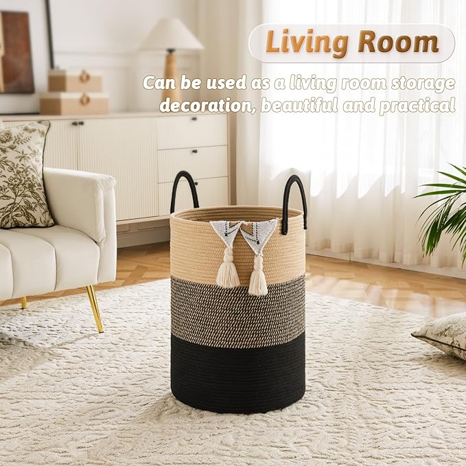 Laundry Basket,Woven Cotton Rope Laundry Hamper,100L for Decorative Storage of Dirty Clothes,Toys and Blankets in Bathroom,Bedroom and Living Room