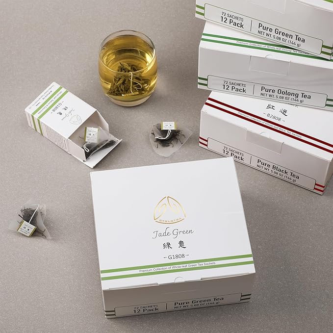 GTGLOTRA Full-Leaf Green Tea, 72 Pyramid TeaBags(12 Pack), Easy Brew, 100% Natural, Pure Leaf Biodegradable Tea, Caffeine Alternative to Coffee, Whole Leaf Tea Sampler, Family Size, Gifts, Office Reception&Daily Consumption