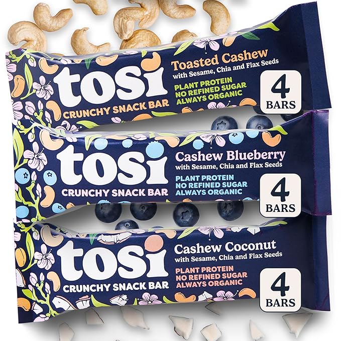 Tosi Cashew Variety Pack Protein Bars, Plant Based with Nuts, Gluten-Free Crunchy Snacks, Vegan, Organic, Flax & Chia Seeds, Soy-Free, Omega 3s, 5G Protein, 1 oz, 12-Pack
