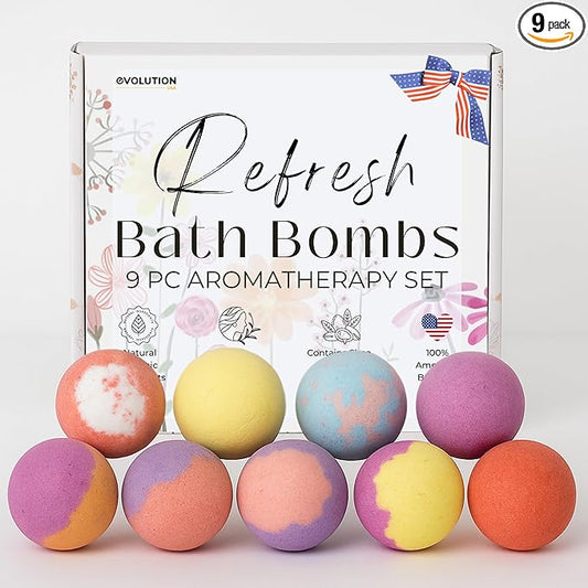 EvolutionUSA Refresh Bath Bombs for Women, 9 Lush Bath Bombs Mini Sized, Luxurious Womens Gift for Mother's Day, Easter, Birthday or Self Care, Relaxing Bathbombs Kids & Womens, Bath Fun