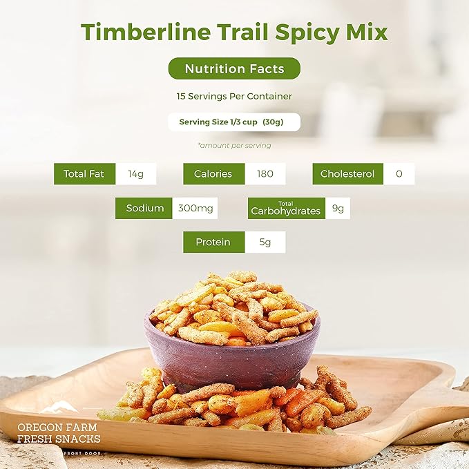 Oregon Farm Fresh Snacks Timberline Trail Spicy Mix - Spicy Nuts And Cajun Sticks Trail Mix - Game Night Snacks In Resealable Bag - Hand-Blended Hot & Savory Snack Pack (16oz)