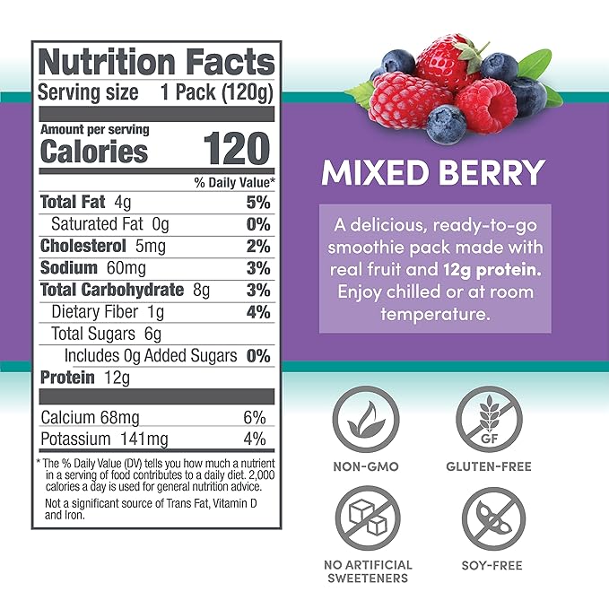 Designer Wellness Protein Smoothie, Real Fruit, 12g Protein, Low Carb, Zero Added Sugar, Gluten-Free, Non-GMO, No Artificial Colors or Flavors, Mixed Berry, 12 Count