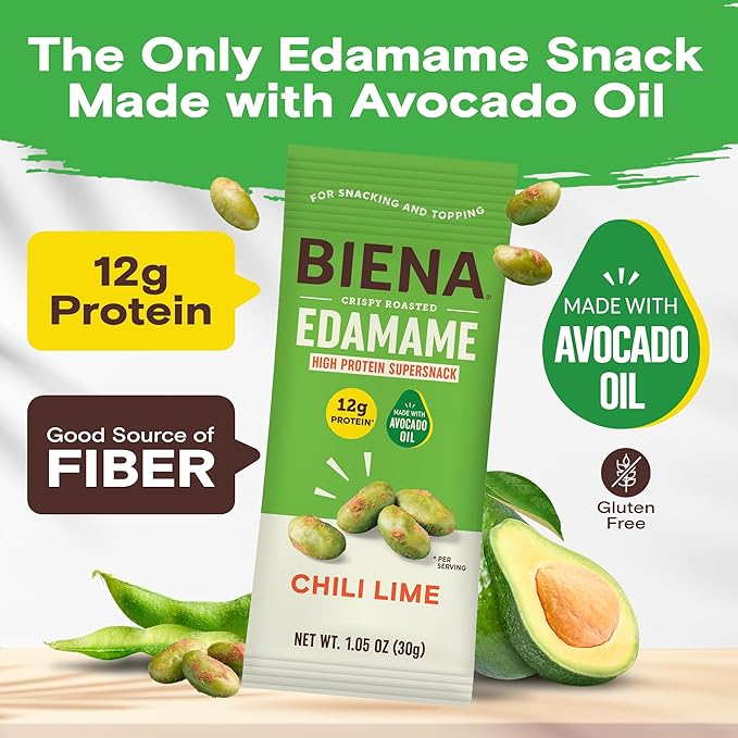 Biena Crispy Roasted Edamame Beans Snack – High Protein Low Carb Snack for Adults & Kids, 12g Protein per Serving - Made w/Avocado Oil – Vegan, Gluten-Free – 10-Pack, 1.05oz Bags, Chili Lime