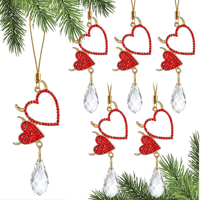 H&D HYALINE & DORA 6Pcs Devil Heart Ornaments Rhinestones Heart Hanging Ornaments for Christmas Tree Valentine’s Day Wedding Decoration(Red)