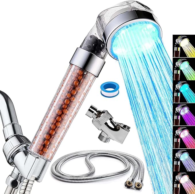 LED Handheld Shower Head Set with Filtration, Automatic 7-color Changing Shower Head Kit, High Pressure Handheld Shower Head with Hose and Bracket, Water Saving Showerheads with Filtration Beads