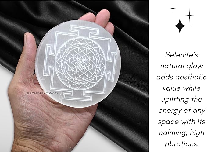 Amazing Gemstone Selenite Crystal Charging Plate For Crystals And Healing Stones, 3" Selenite Crystal Plate Engraved Sri Yantra Coaster For Home, Office Table Decor (Selenite Round Disc)