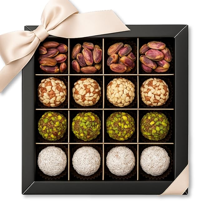 Andy Anand Chocolatier Natural Truffles Gift Box With Pistachio, Hazelnut & Coconut, Delicious Taste in Every Bite, Gluten Free & Non-GMO Ingredients, No Preservatives (16 Pcs, 9.7 Oz)