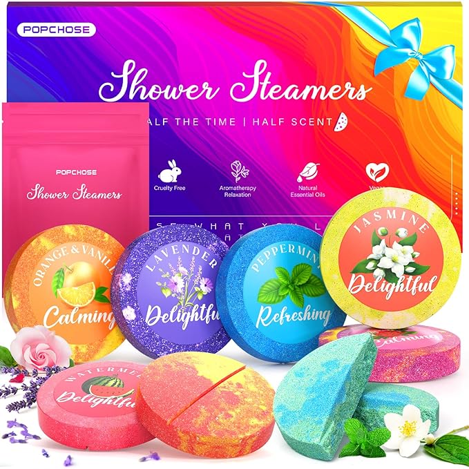 POPCHOSE Shower Steamers Aromatherapy – 8 Scented Shower Tablets with Gift Packaging, Self Care Bath Bombs for Stress Relief & Home Spa, Birthday Gifts for Women, Men, Dad, Grandma & Daughter