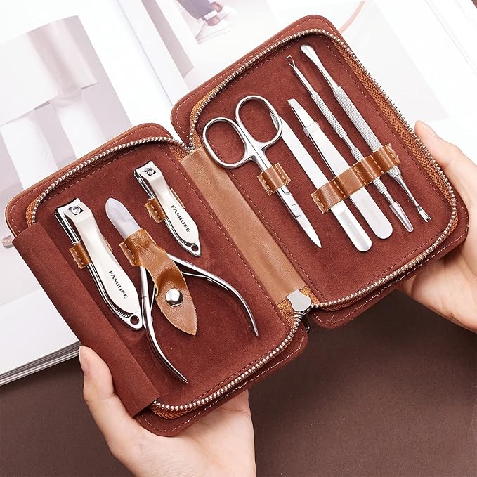 FAMILIFE Manicure Set, Nail Clippers Pedicure Tool, 8 pcs Stainless Steel Manicure Kit Professional Grooming Tool, Nail Kit with Portable Brown Leather Travel Case Luxury Gifts for Men