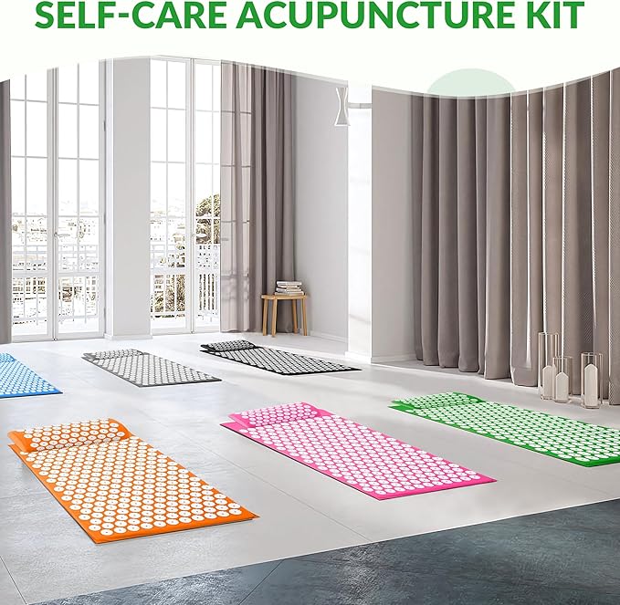 Fitvids Acupressure Mat and Pillow Set for Back/Neck Pain, Acupuncture Products to Relieve Muscle Fatigue, Improve Insomnia for Sedentary People, Acupuncture Eases Stress, Massage Mat, Green