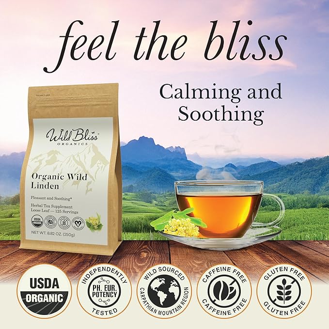 Wild Bliss Organic Linden Flower Tea - Caffeine Free Loose Leaf Calming Herbal Tea - 8.8 Ounces - 125 Servings
