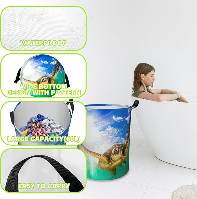Hawaiian Green Sea Turtle Laundry Basket Foldable Laundry Hamper Waterproof Oxford Cloth Large Laundry Basket Clothes Storage Bucket Toy Organizer For Bathroom,Laundry,College 17.3 x16.5 Inch