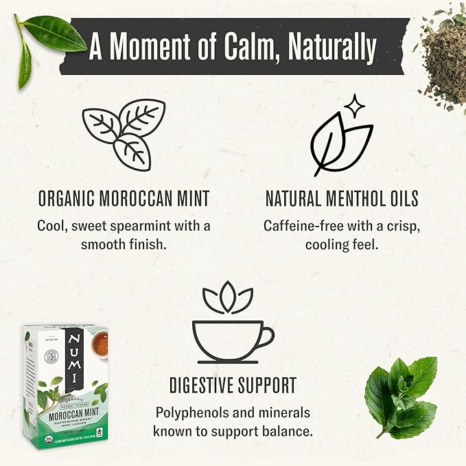 Numi Organic Tea Moroccan Mint, 18 Count Box of Tea Bags, Herbal Teasan