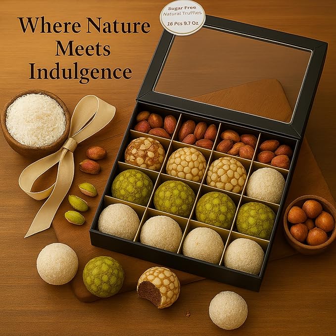 Andy Anand Chocolatier Natural Truffles Gift Box With Pistachio, Hazelnut & Coconut, Delicious Taste in Every Bite, Gluten Free & Non-GMO Ingredients, No Preservatives (16 Pcs, 9.7 Oz)