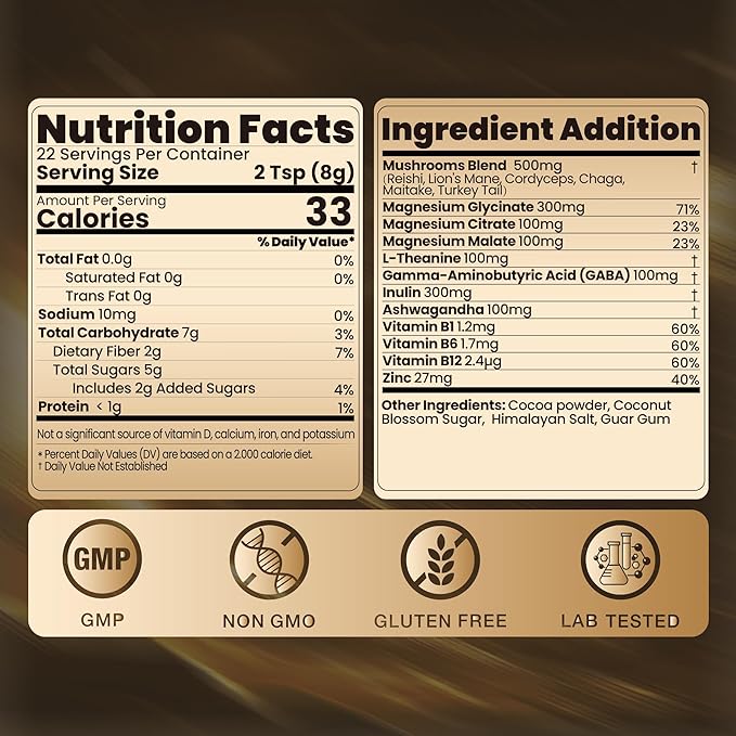 Calm Magnesium Powder, Ashwagandha, L-Theanine, GABA & 6 Mushrooms | Magnesium Glycinate Supplement for Relaxation & Calm Support | Non-GMO, Gluten-Free, Chocolate Flavor, 6.35oz