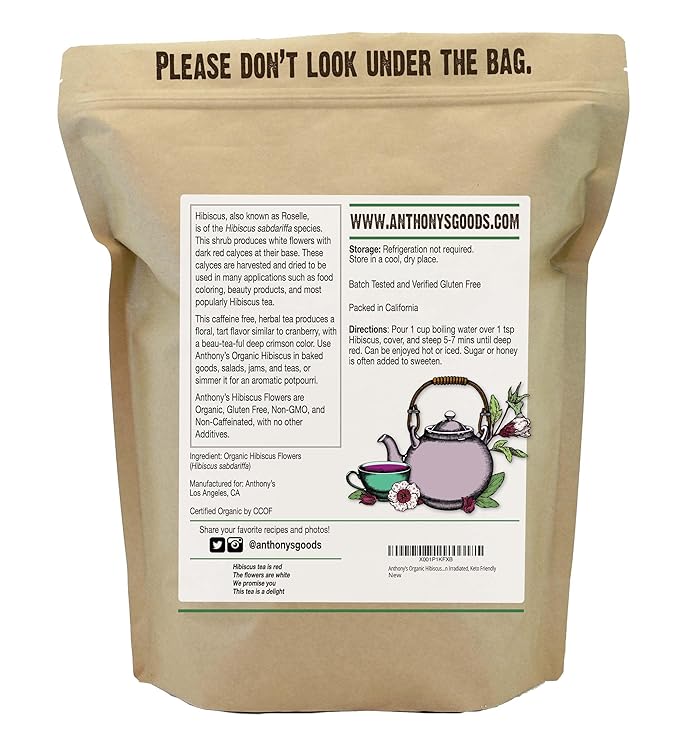 Anthony's Organic Hibiscus Flowers, 1 lb, Cut & Sifted, Gluten Free, Non GMO, Non Irradiated, Keto Friendly