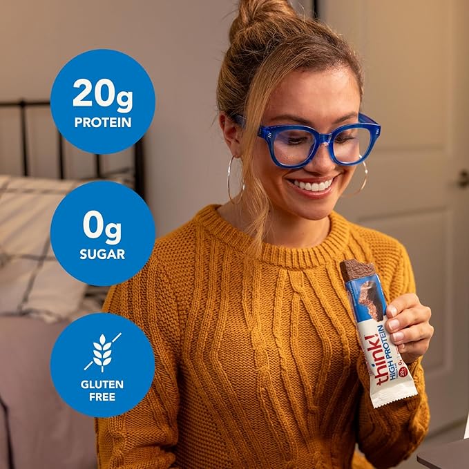 think! Protein Bars, High Protein Snacks, Gluten Free, Sugar Free Energy Bar with Whey Protein Isolate, Brownie Crunch, Nutrition Bars without Artificial Sweeteners, 2.1 Oz (12 Count)