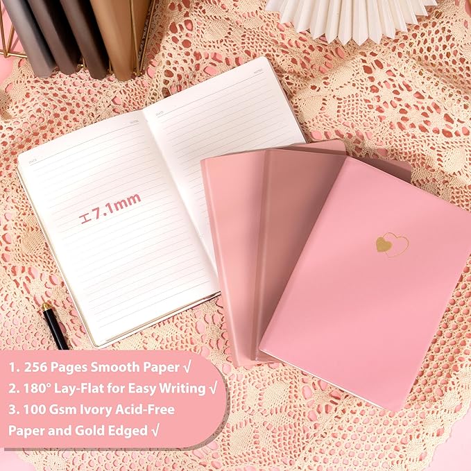 CAGIE 4 Pack Lined Journal Notebook for Women and Girls 256 Pages Cute Diary with Heart-Shaped Leather Journals for Writing A5 Soft Cover Notebooks for Work School, Pink