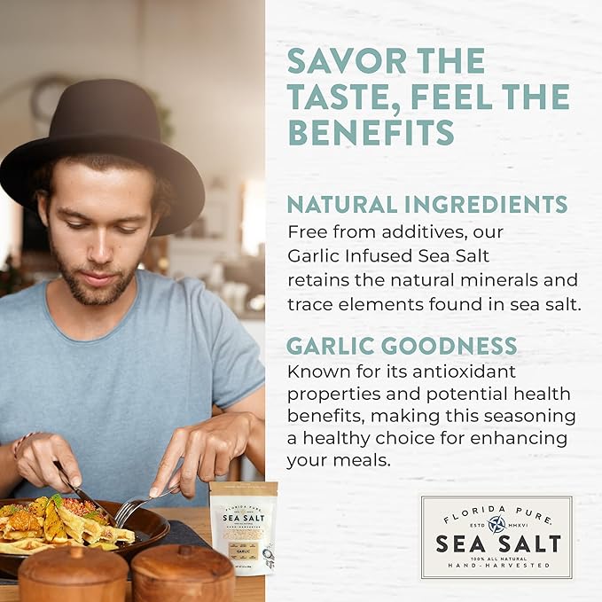 FLORIDA PURE Garlic Sea Salt - 80+ Mineral Sea Salt, Natural, Unrefined, Non Iodized - for Baking, Cooking, Seasoning & Enhancing Taste - Rich Taste Flaky Sea Salt (3 oz. Pouch)