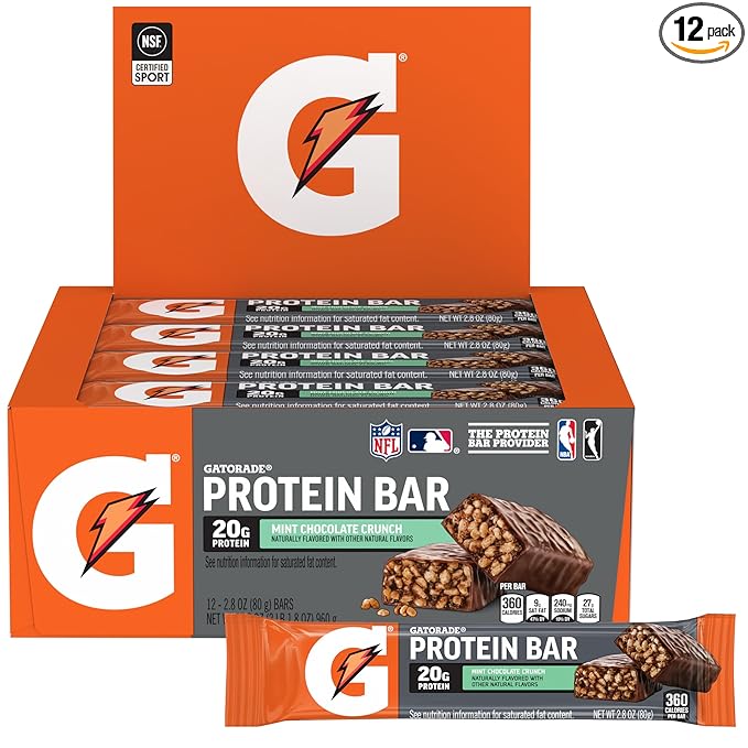 Gatorade Whey Protein Bars, Mint Chocolate Crunch, 2.8 oz bars (Pack of 12, 20g of protein per bar)