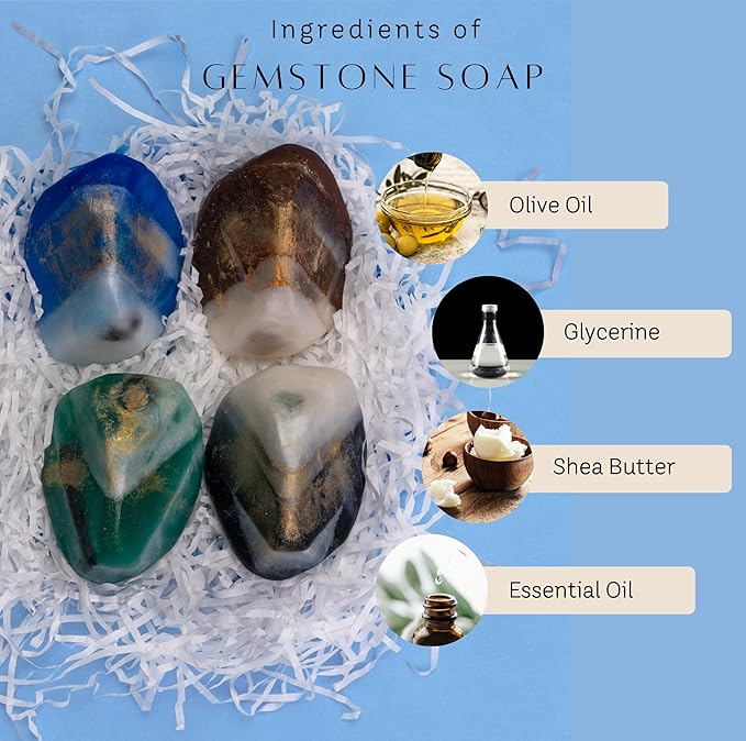 Gemstone Soap & Bath Bomb Set- Relaxing Spa Gift for women- Mothers day gift set- 4 Decorative scented Rock Soap with Crystals and 4 Fizzy Bath Bomb- with Natural Ingredients & Essential Oil