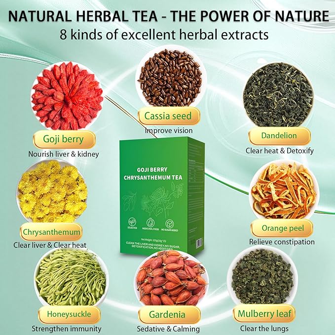 Goji Berry Chrysanthemum Tea for Liver Health, 8 Excellent Raw Material Formulas, Chinese Health Herbal Tea, Liver Cleanse & Detox Herbal Tea Bags, 15Bag, Vegan, Sugar-Free & Caffeine-Free (2Box(30Bags))
