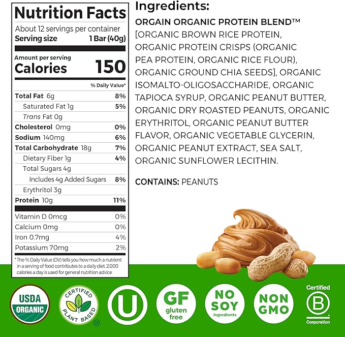Orgain Organic Vegan Protein Bars, Peanut Butter - 10g Plant Based Protein, Low Calorie Healthy Snacks, No Lactose or Soy Ingredients, Gluten Free, Non-GMO - 1.41 Oz (Pack of 12)