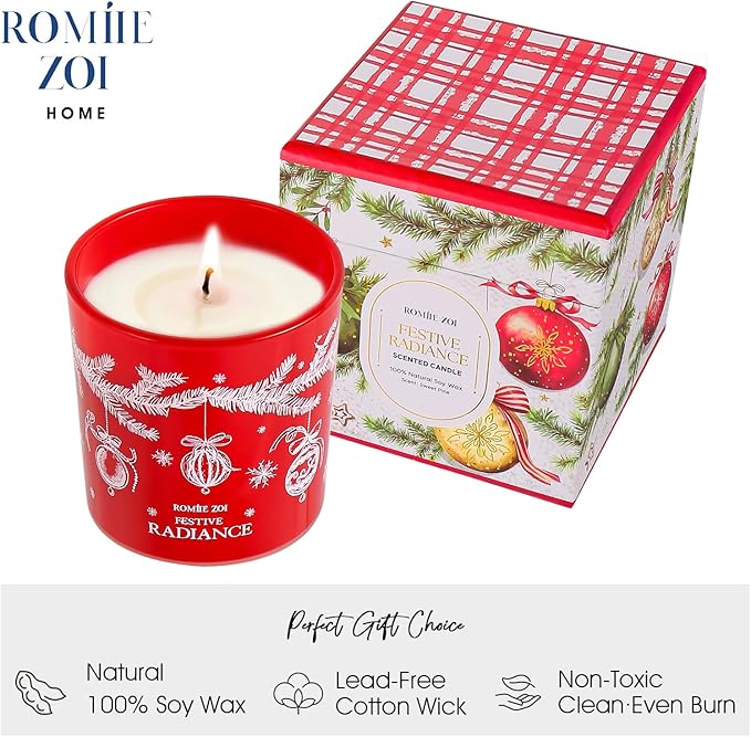 ROMIIE ZOI Christmas Scented Jar Candle - 6oz Soy Wax Candle - Festive Radiance Infused with Sweet Pine Aroma - with Beautiful Keepsake Box Special for Christmas/Holiday Gifts