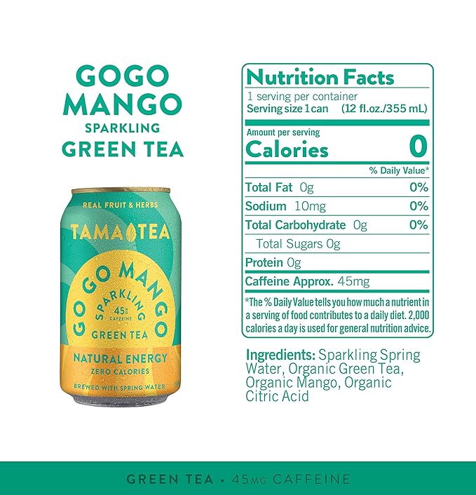 Tama Tea Sugar-Free Sparkling Green Tea, Mango – Organic & Naturally Energizing – Zero Calories, Zero Carbs, Non-GMO – Antioxidant-Rich with 45mg Natural Caffeine – 12 oz Cans (12-Pack)