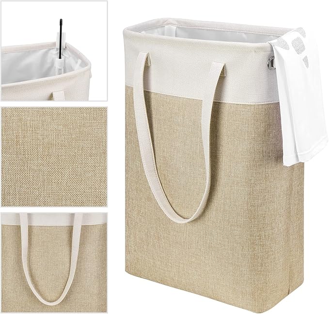 Laundry Hampers Tall Slim Laundry Baskets Thin Foldable Clothes Narrow Hamper for Laundry Storage Organizer Collapsible Hamper with White and Brown Imitated Burlap Patchwork,QY-SC24-2