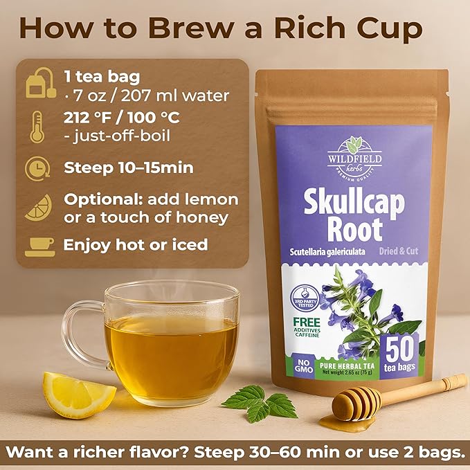 50 Bags Skullcap Herbal Tea (Scutellaria) – 50 Tea Bags 1.5g Skullcap Herb Escutelaria