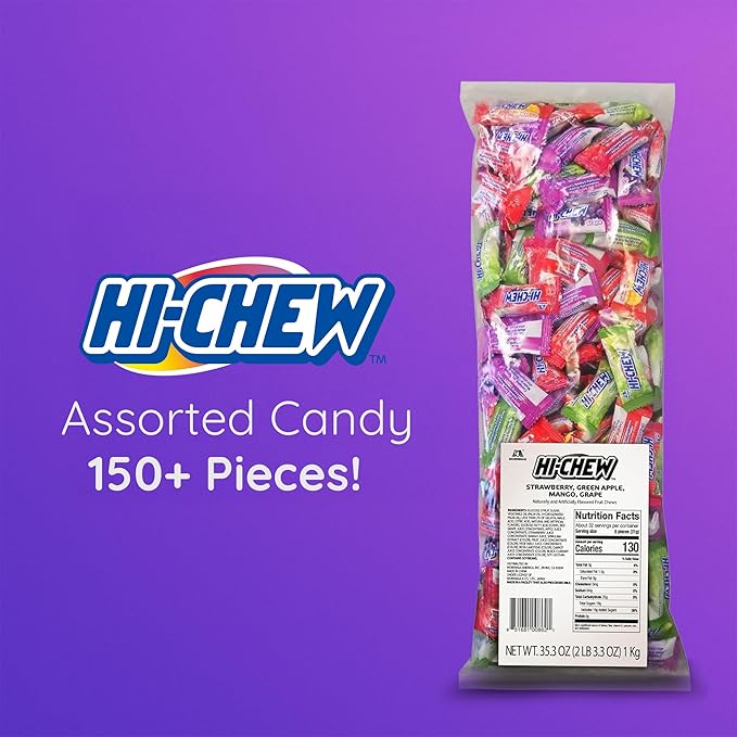 HI-CHEW Assorted Bulk Candy Bag, Green Apple Strawberry Mango Grape, Soft & Chewy Candy 2lb - 185+ Pieces Individually Wrapped - Made with Immensely Juicy Fruity Flavors