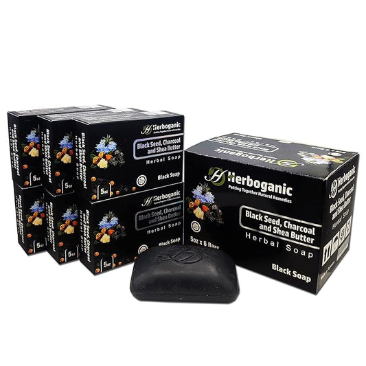 HERBOGANIC Black seed Charcoal and Shea butter Herbal Soap | Pack of 6 of 5oz soap Bar | Ideal for Men and Women, Soothing and Nourishing Soap for Moisturization