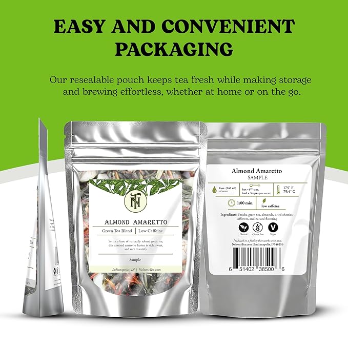 Nelson's Tea Almond Amaretto - Herbal Green Loose Leaf Tea, Curated Blend with Sencha Green Tea, almonds, Dried Cherries, and Safflower - Perfect for Bedtime Brew (Sample 0.3 Oz)