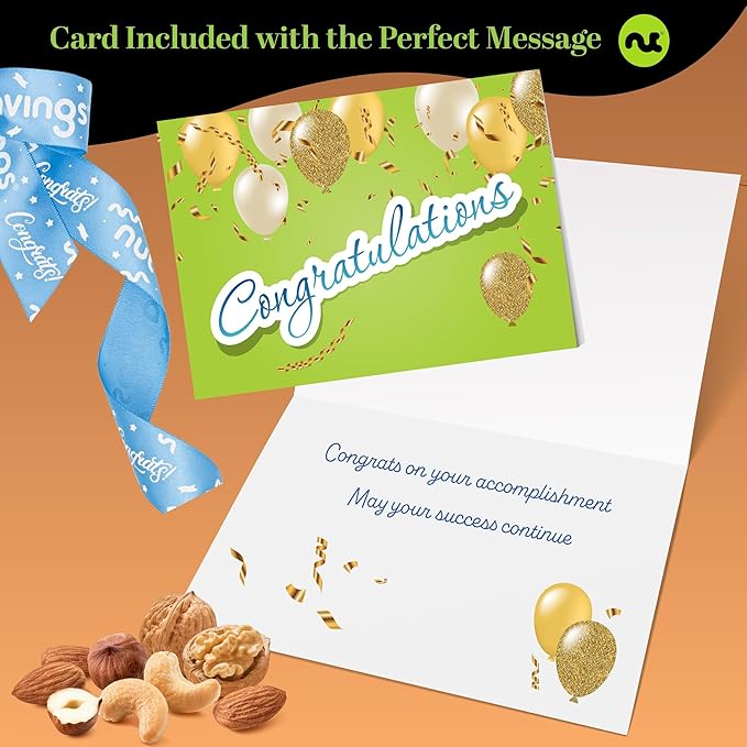NUT CRAVINGS Gourmet Collection - Congratulations, Nuts Gift Basket with Congrats Ribbon + Greeting Card in Reusable Wooden Tray (12 Assortments) Graduation Food Arrangement, Healthy Snack