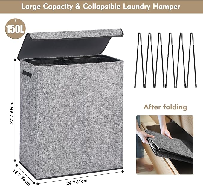 DOKEHOM 150L Double Laundry Basket with Lid and Removable Laundry Bags, Large Collapsible Laundry Hamper with 2 Sections for Bedroom, Bathroom, Laundry Room, Colloge (Grey)