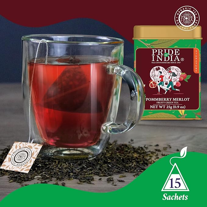 Pride of India | PommBerry Merlot Fruity Green Tea | 15 Pyramid Full Leaf Individually Wrapped Tea Bags | Tangy & Fruity Flavor | Vibrant & Uplifting Experience | Caffeine Free, Non-Bioengineered