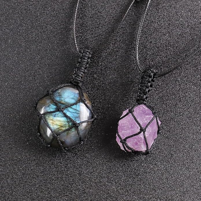 Handmade Natural Gemstone Crystal Pendant Necklace Stone Holder Necklace Cord Net Necklace with Adjustable Length for Women Men