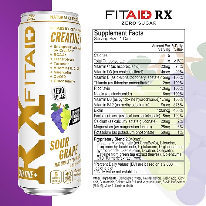 FITAID RX Zero Sugar, Encapsulated Creatine, Workout Recovery Drink, All-In-One Blend, BCAAs, Glucosamine, Turmeric, B-Complex, Electrolytes, Variety Pack, 12 Fl Oz (Pack of 12)