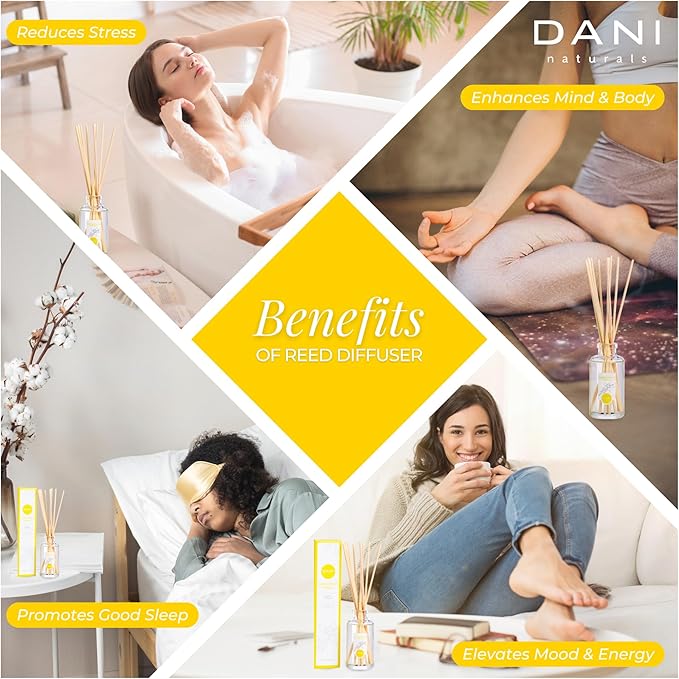 DANI Naturals Reed Diffuser Set - Vanilla Sandalwood Scent - Aromatherapy Essential Oils - Alcohol-Free, Non-Toxic - 10 Sticks - 3.5 oz