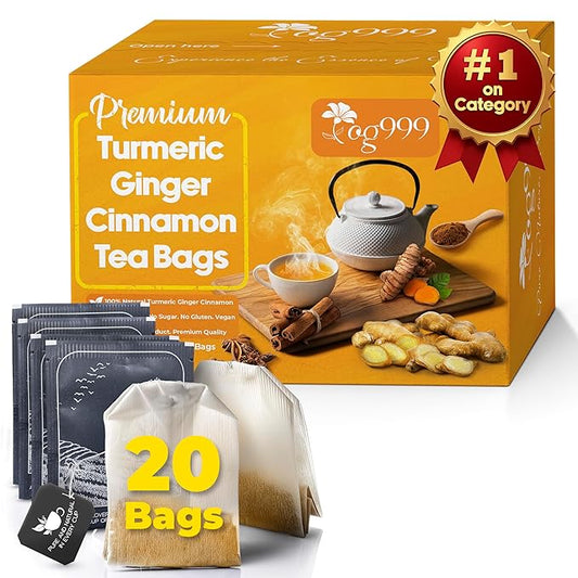 TOG999, Premium 20 Tea Bags Turmeric, Ginger, Cinnamon, 100% Natural, Hand-made Blend of Turmeric, Ginger, and Cinnamon Herbal Tea. Eco-conscious Tea Bags. No Sugar, No Caffeine, No Gluten, Vegan.