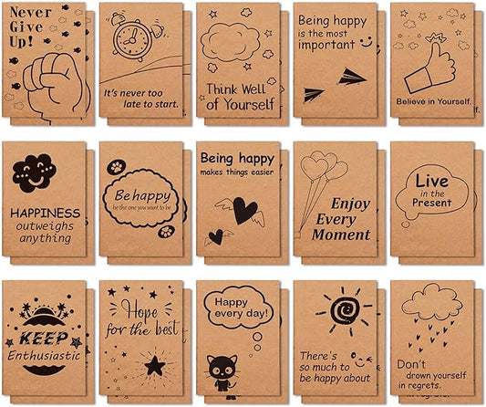 feela 30 Pack Kraft Notebooks, 15 Designs A6 Cute Mini Pocket Notebooks and Journals, Lined Motivation Small Journal Notebook Bulk for Women School Supplies Taking Memos, 4.1X5.8 in, 80 Pages
