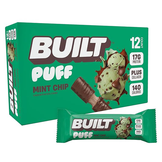 Built Bar, Puff Protein Bars, Mint Chip Puff, 17g Protein Snacks, On-The-Go Bars, Only 140 Calories, 6g Sugar, Collagen, Gluten Free, 12 Count