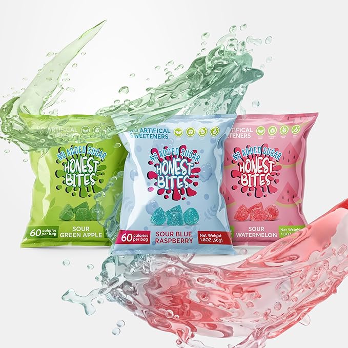 Honest Bites Sour Variety Gummy Candy - No Added Sugar, Gluten Free, Vegan, Dye Free, Healthy Snacks for Kids & Adults, Keto Snacks, Low Calorie, 6-Pack