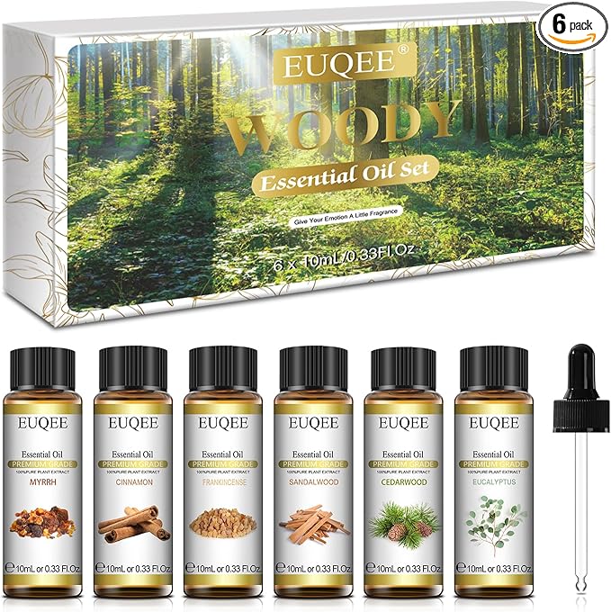 EUQEE 10ml Woody Essential Oils Set - Pure & Nature Essential Oils for Aromatherapy, Diffuser, Candle Making, Massage - Eucalyptus, Cedarwood, Sandalwood, Frankincense, Cinnamon