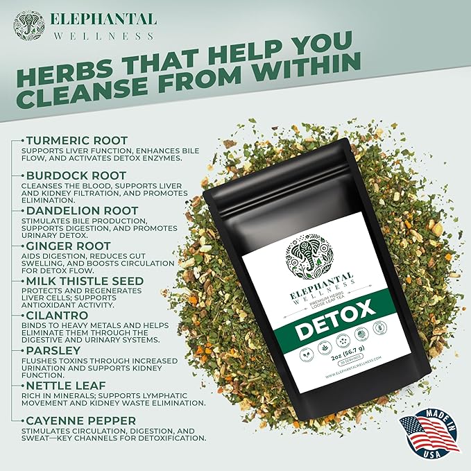 Elephantal Wellness Premium Detox Herbal Tea | Daily Liver, Kidney, Blood & Digestive Support with Turmeric, Nettle Tea, Milk Thistle, Dandelion Tea & Burdock | Handmade, Caffeine-Free Loose Leaf Blend