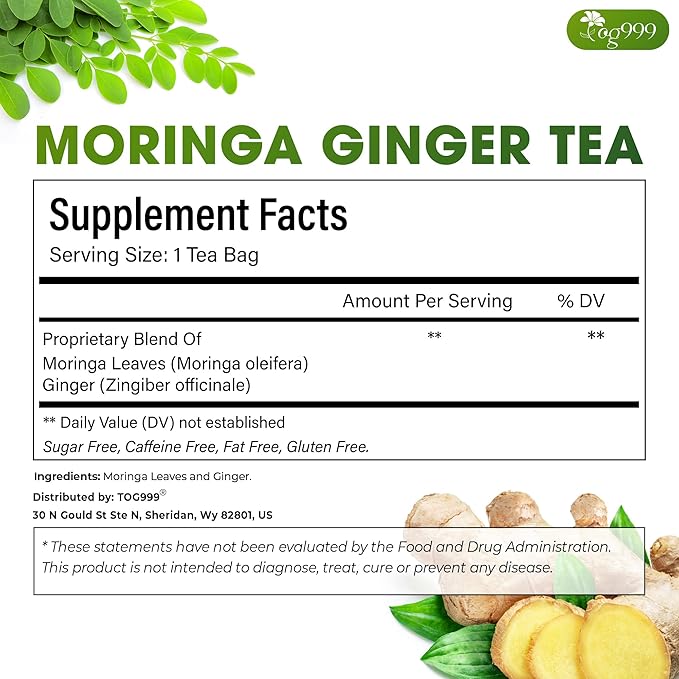 TOG999, Permium Moringa Ginger Herbal Tea – 120 Tea Bags – Caffeine-Free, Smooth & Warming Blend – Pure Ingredients, Sustainably Sourced. No Sugar. No Gluten. Vegan.