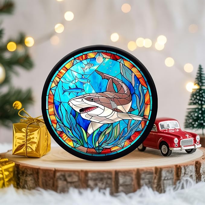 34HD Gifts for Christmas, 2.9"" Ceramic Hanging Ornament for Christmas Tree, Lightweight Both Sides Printed Flat Ornament, Christmas Decoration, Shark